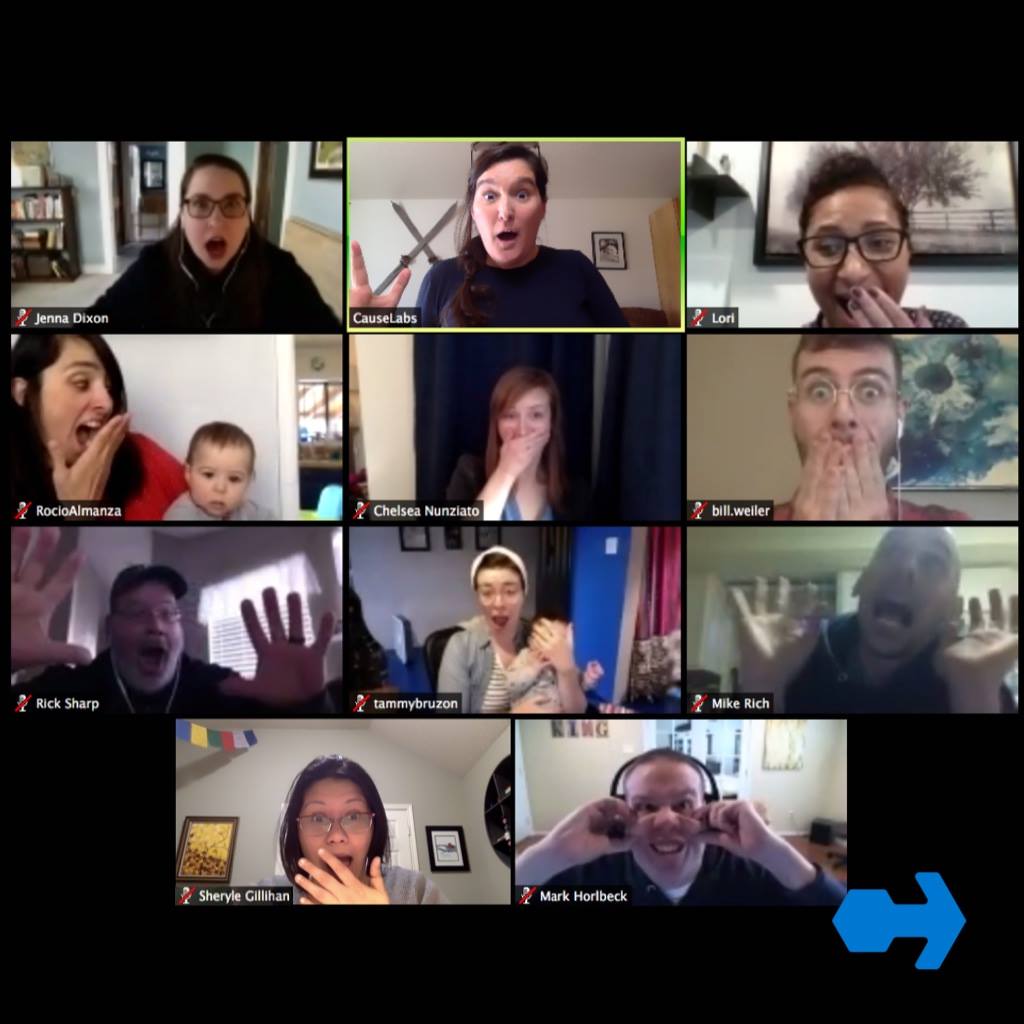 The CauseLabs team making silly faces on a zoom video call.