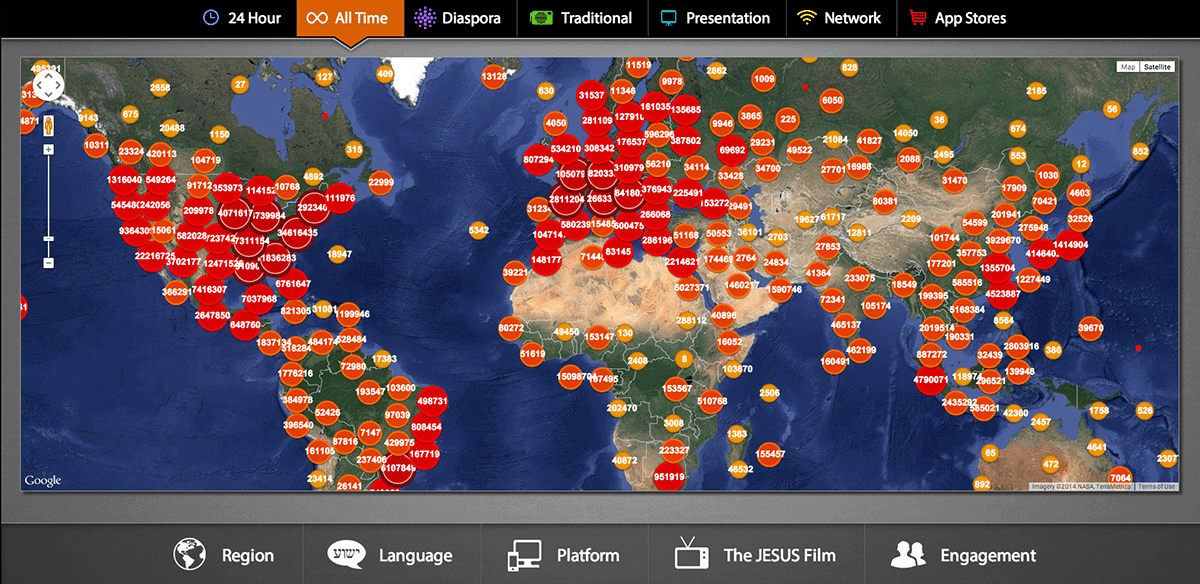 A map with many pointers showing how many people are using the bible app.