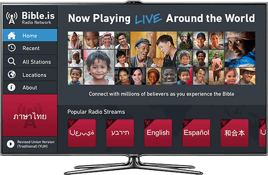 A TV displaying the Bible.is smart tv app