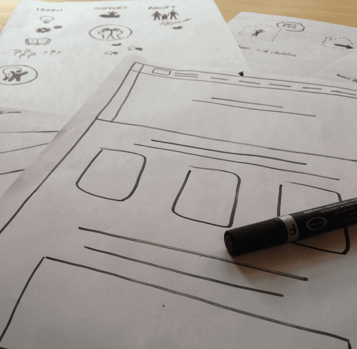 Wireframe sketches of the Dave Thomas Foundation for Adoption website