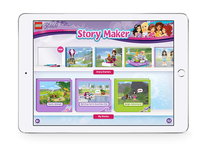 A tablet device displaying the LEGO Friends Story Maker app
