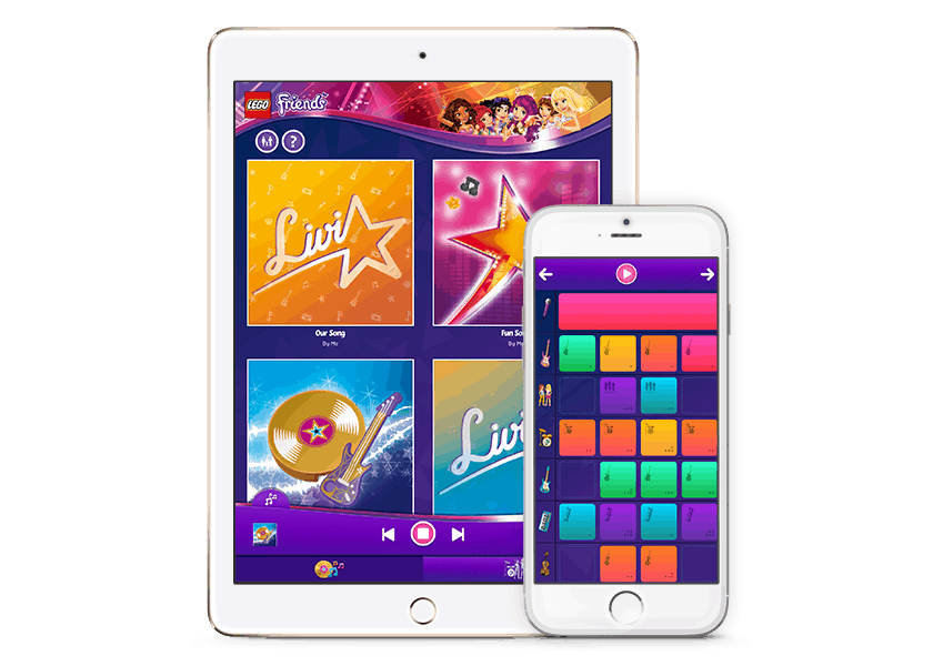 The LEGO Friends Maker suite of apps displayed on a mobile device and a tablet.