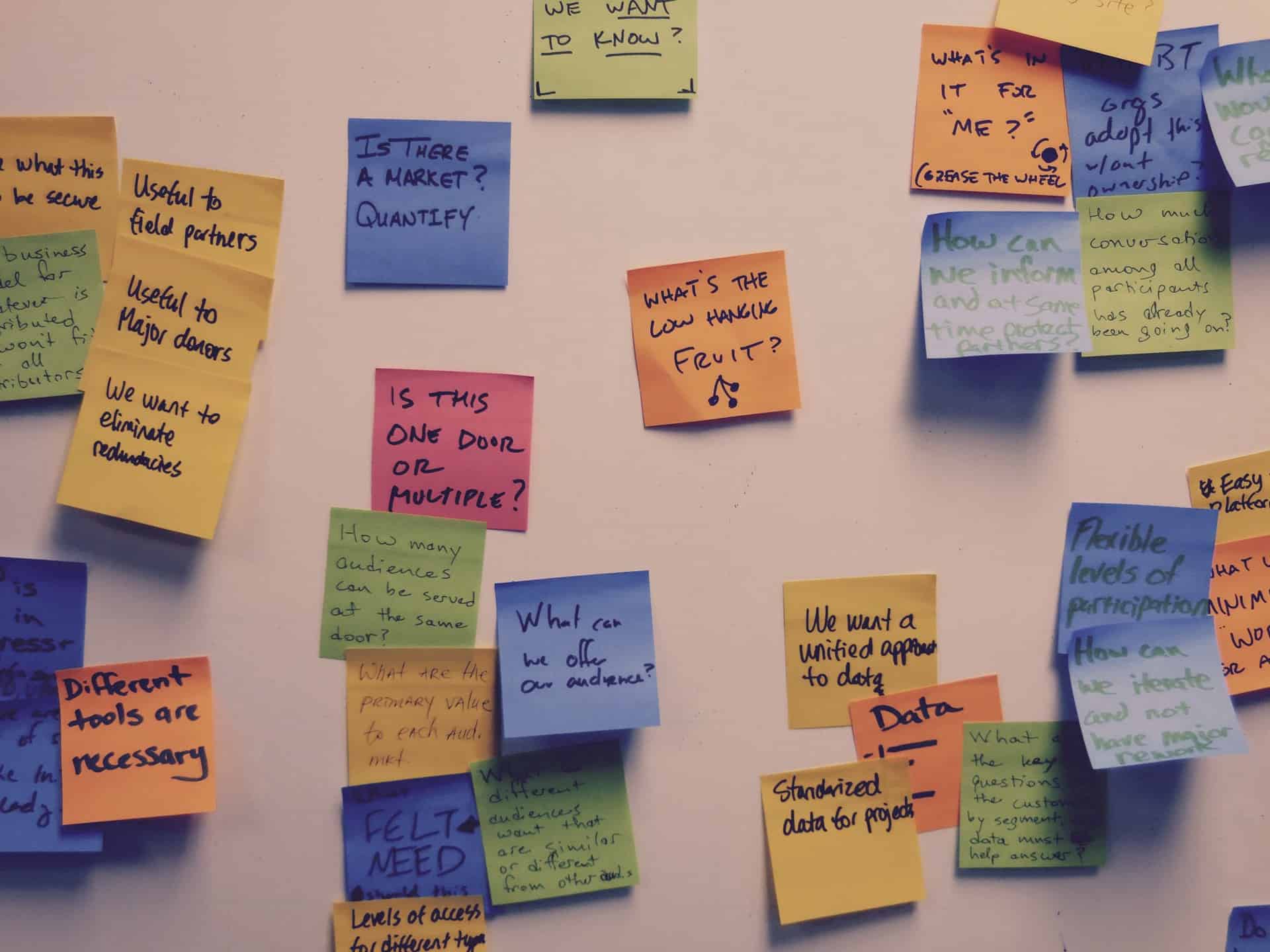 an assortment of sticky notes from a CauseLabs strategic workshop