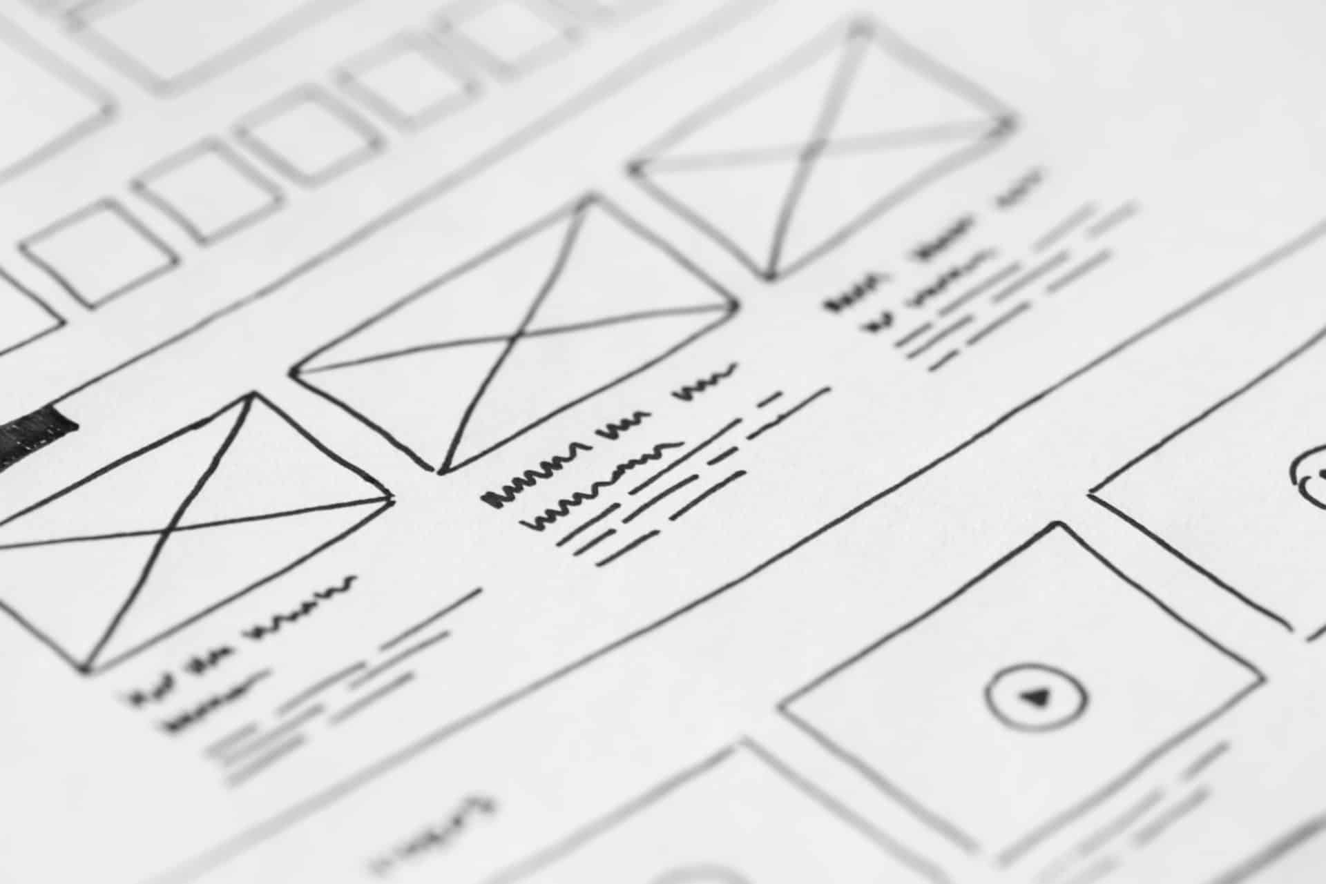 A hand-drawn website wireframe