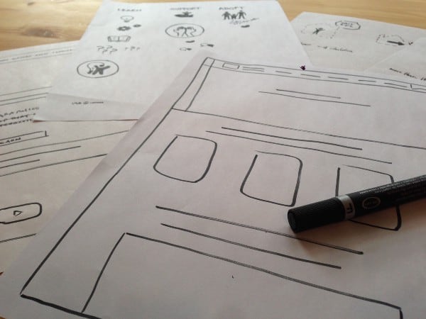 Papers illustrating the wireframe of a website design