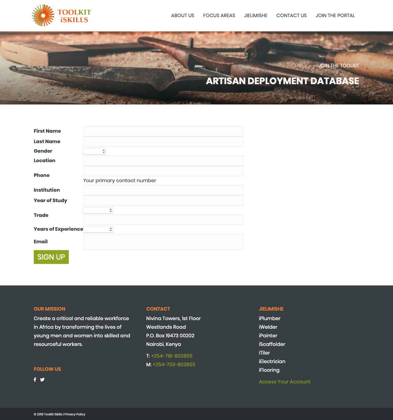 Artisan Database signup form on Toolkit iSkills updated website