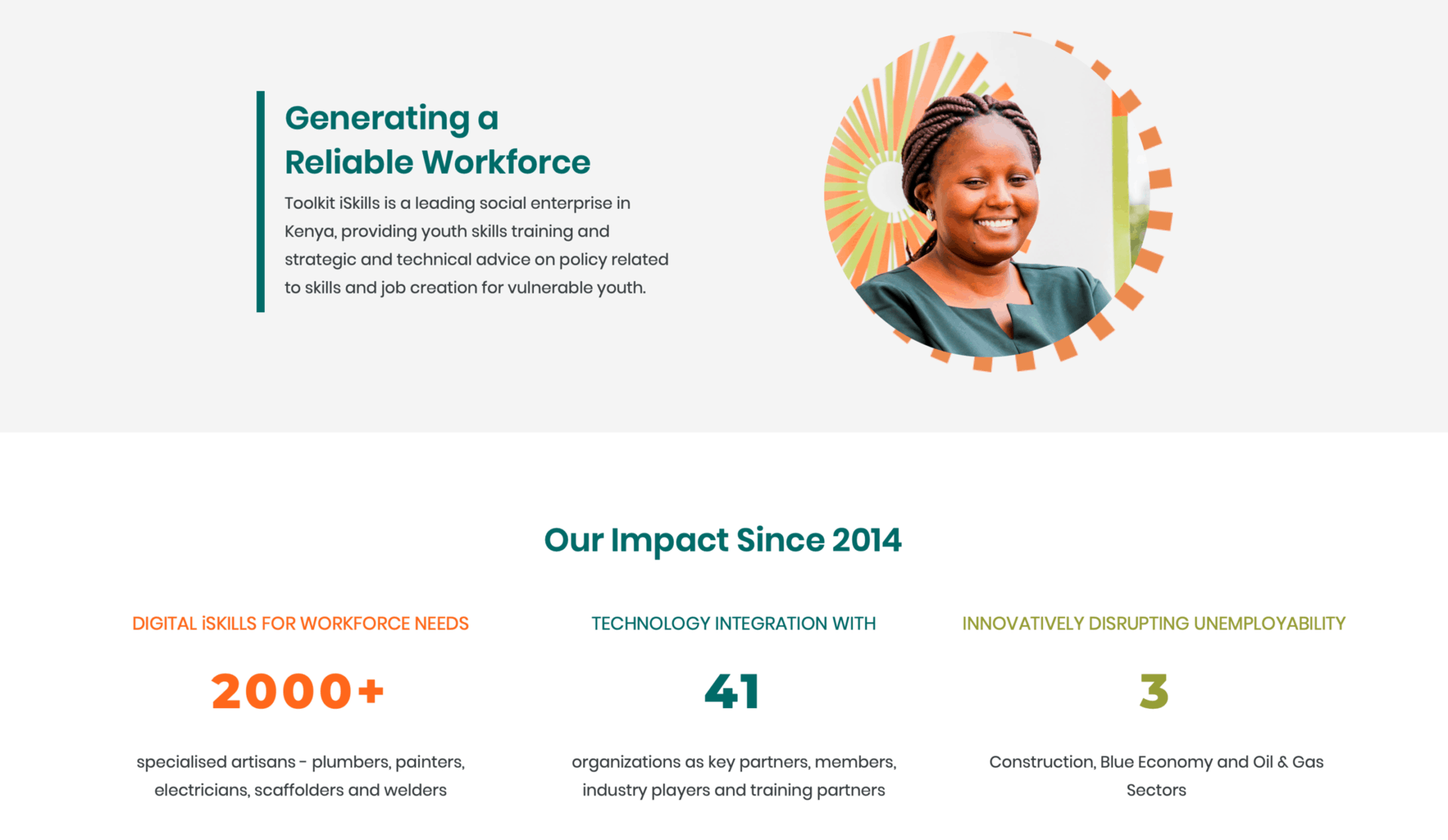 Testimonial page highlighting the impact. Top half page in gray with smiling portrait of a Kenyan woman artisan. Bottom half has a white background, stating "Our impact since 2014"