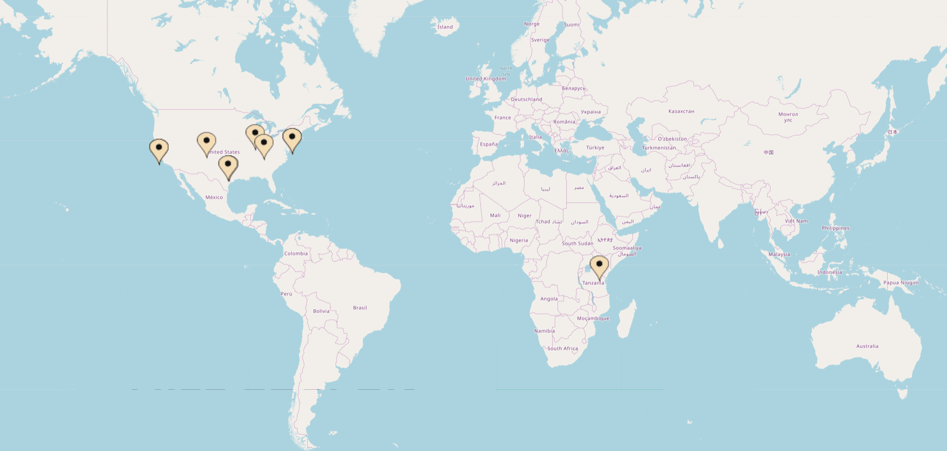 Map of the world with points for every city with CauseLabs' clients.