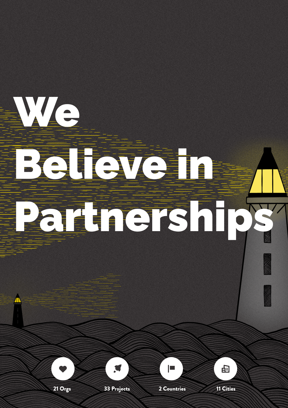 We Believe in Partnerships text - with the sea at night and a lighthouse