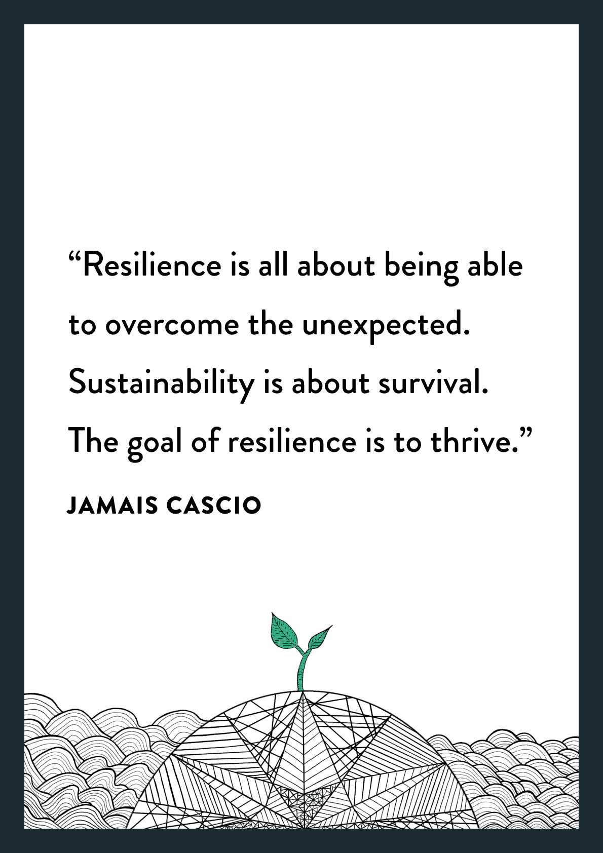 The sea and land with a plant growing. With quote "resilience is all about being able to overcome the unexpected. Sustainability as about survival. The goal of resilience is to thrive." Jamais Cascio