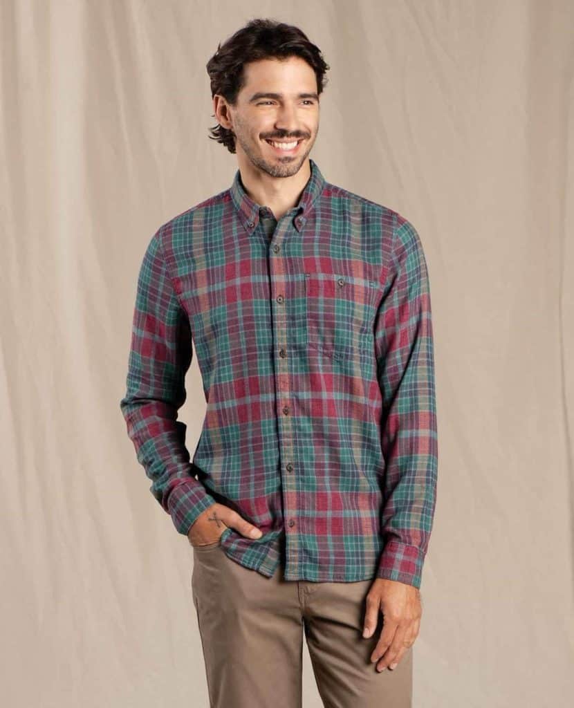 Airsmyth Long Sleeve Shirt Prickly Pear Madras 100% recycled cotton and polyester fabric, plus its lightweight, moisture-wicking and spirited disposition from Toad&Co’s website