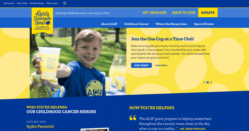 A young kid wearing blue shirt holding a cup of lemonade shown in the banner at Alex’s Lemonade Stand page 