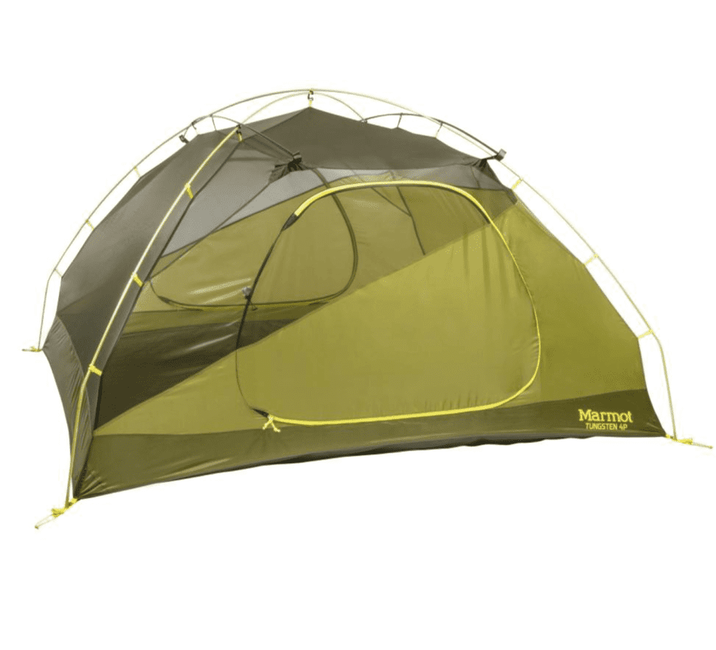 A sturdy looking army green tent with some color yellow and black from Whole Earth Provision Co.