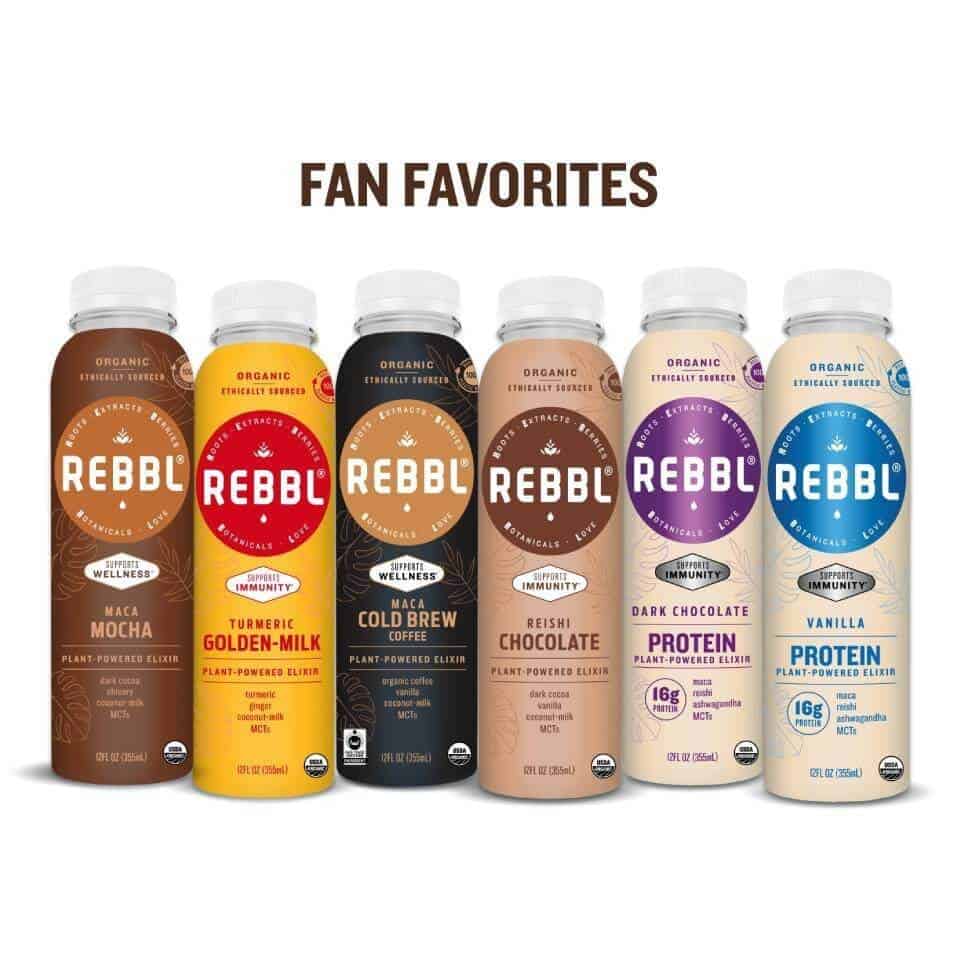 Fan Favorites Variety Pack  includes Turmeric Golden Milk, Reishi Chocolate, Maca Cold-Brew, Dark Chocolate Protein, Vanilla Protein, and Maca Mocha from REBBL