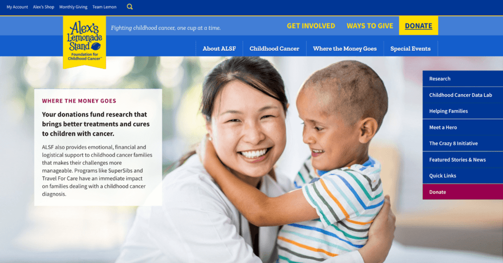 A young kid with cancer hugging a woman as banner at  Alex’s Lemonade Stand Donate Page