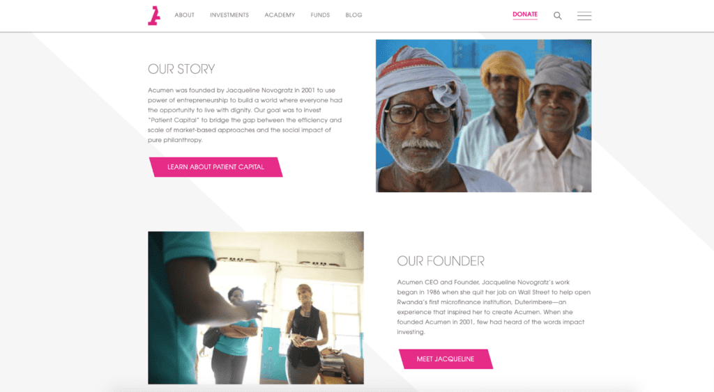 Acumen's Story and founder shown and available to read on the Home Page