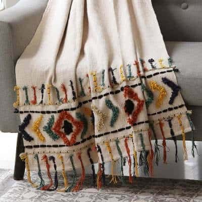 Fringed Cotton Throw with Tufted Embroidery Designed with cotton slub fabric available on Navica