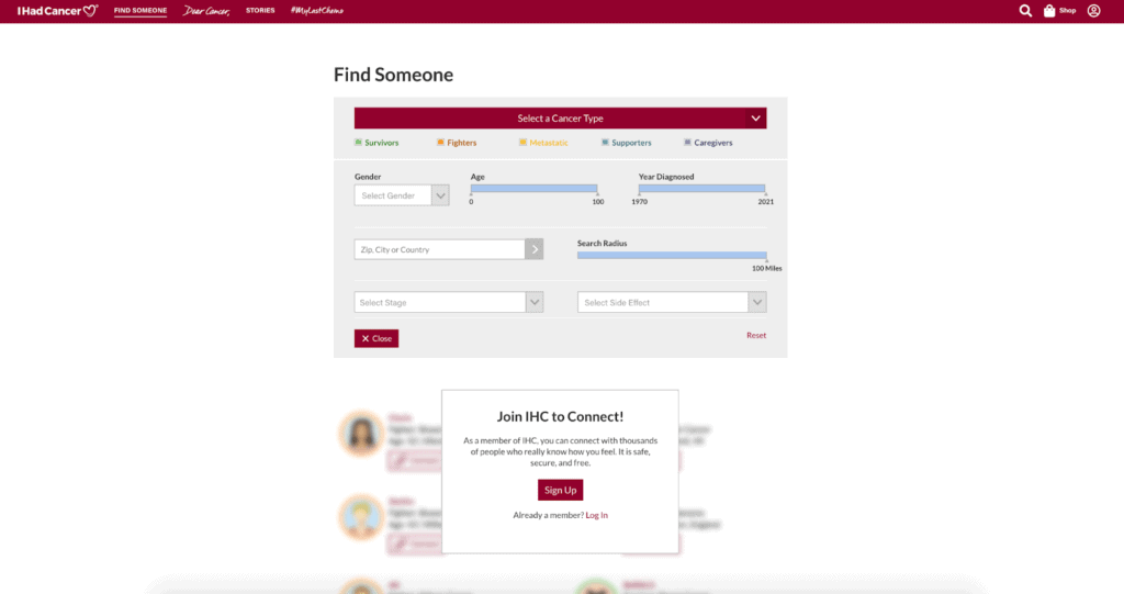 A page in finding someone  with cancer type and a prompt to join IHC to connect