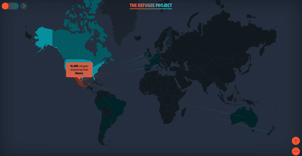 A map highlighting the country of Mexico with 15,508 refugees