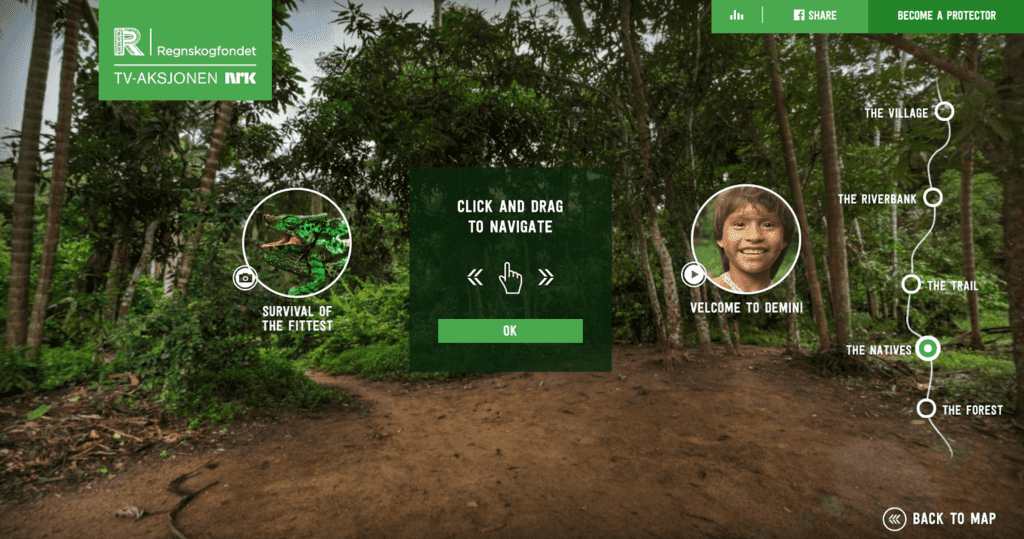 Direction to click and navigation with a boy and an animal on the side at Save the Rainforest Home