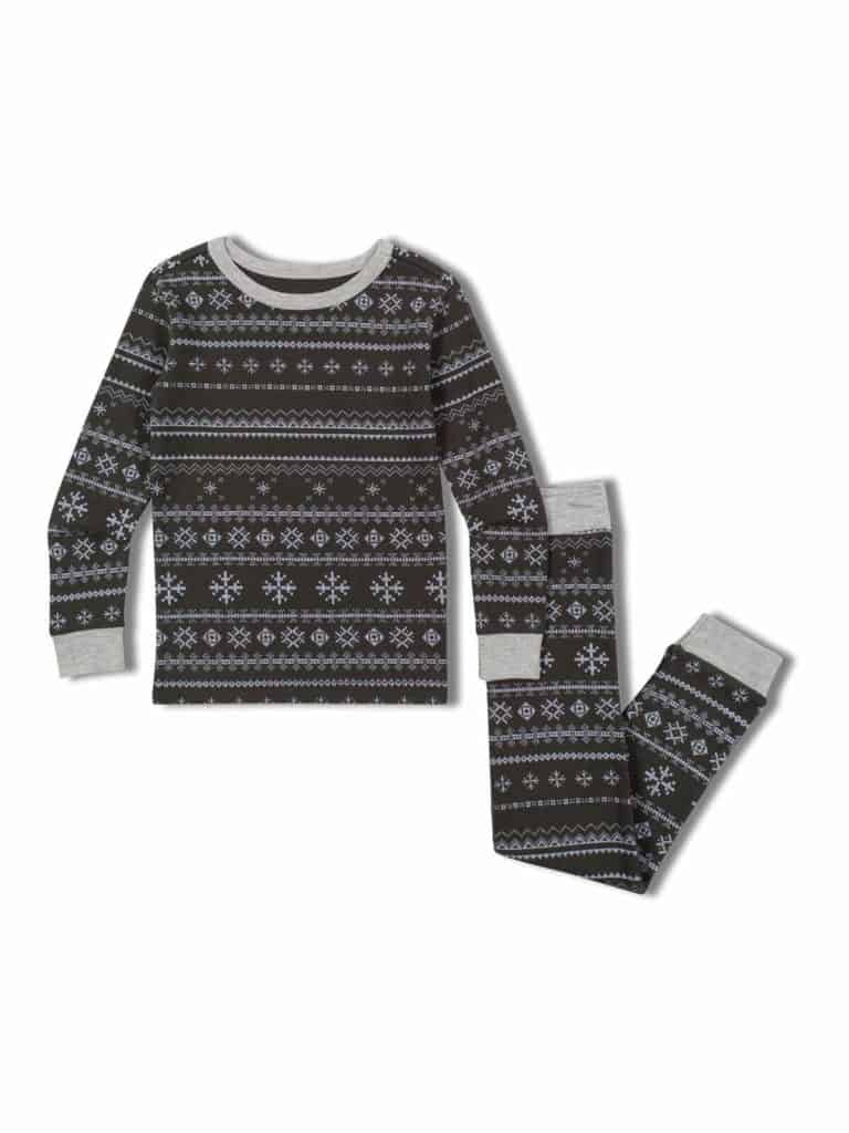 Theo + Leigh Kids Snowflake pajama sets color grey 100% organic cotton pajama set is sustainable + soft to keep you cozy all season long. from Threads 4 Thought
