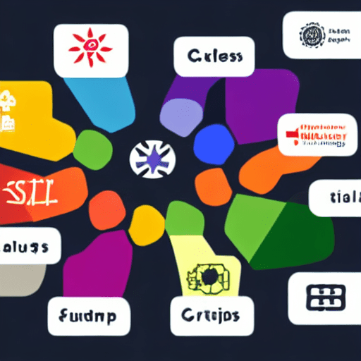 An abstract drawing of many org logos joining to collaborate.