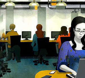 Illustration of a woman in an office working on a computer.