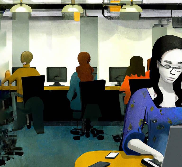 Illustration of a woman in an office working on a computer.