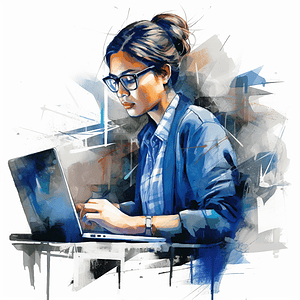 A woman working on a laptop.