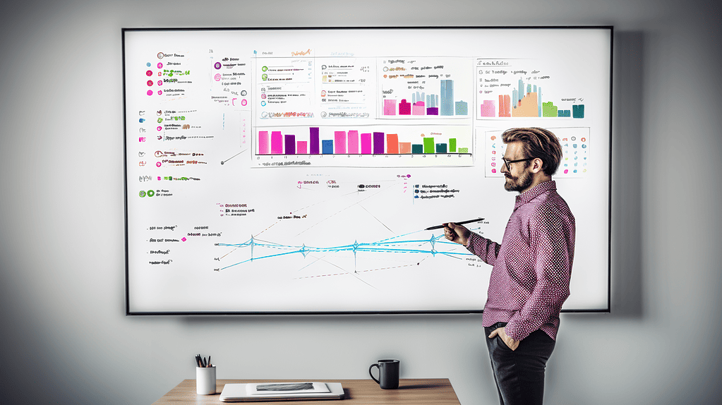 A man views data charts on a whiteboard to evaluate SEO and recession tactics.