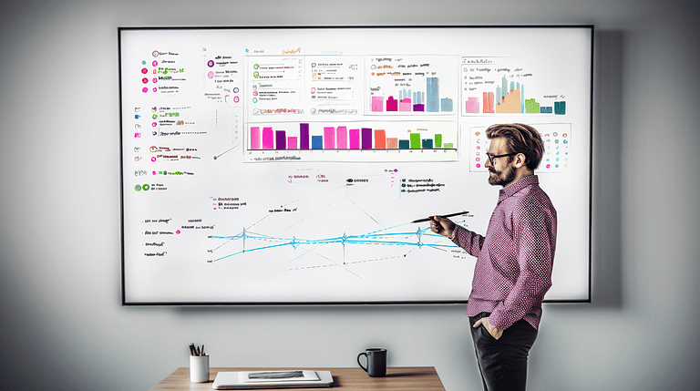 A man views data charts on a whiteboard to evaluate SEO and recession tactics, and advise on web services.