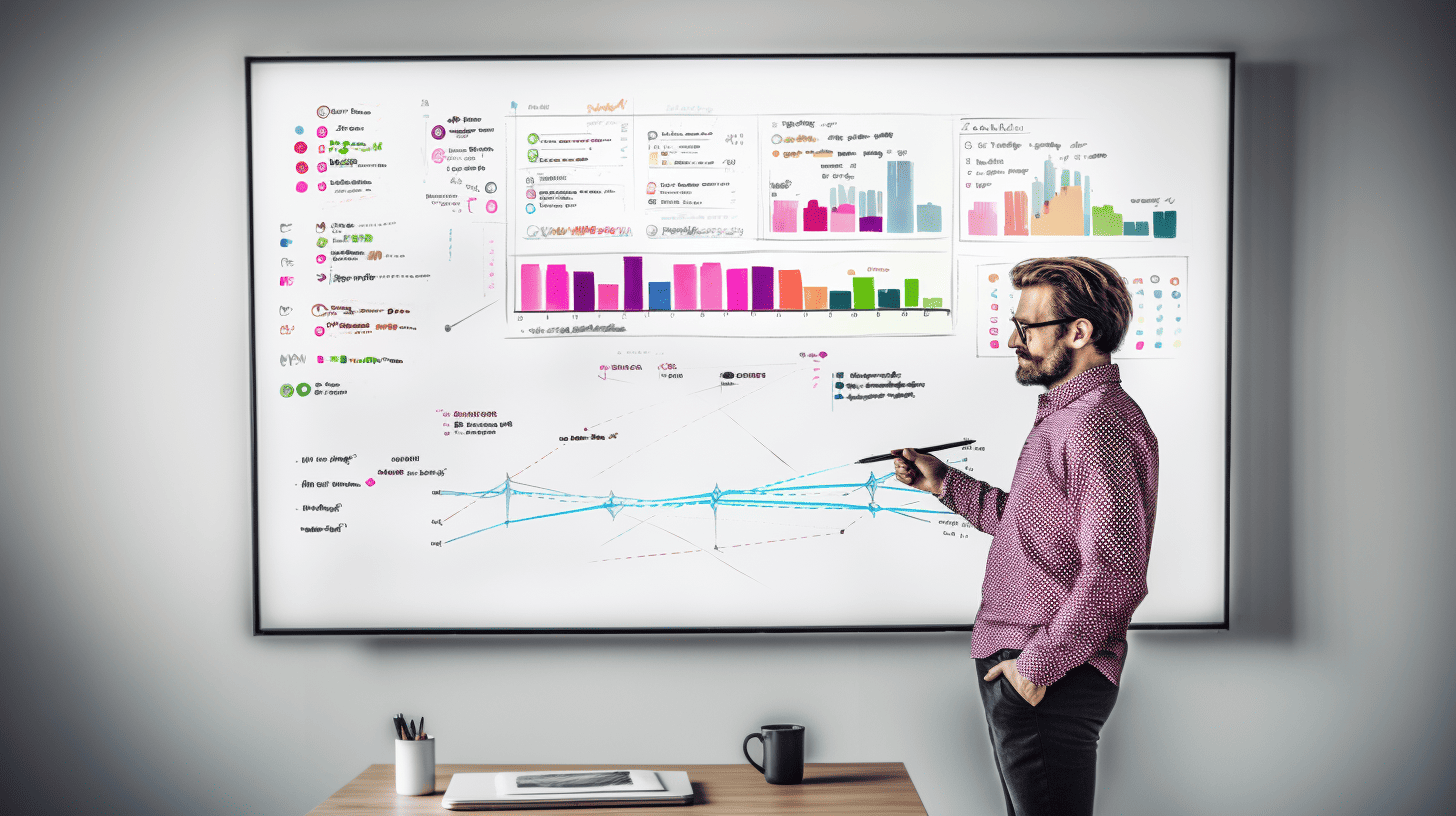 A man views data charts on a whiteboard to evaluate SEO and recession tactics, and advise on web services.