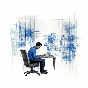 Illustration of a person at a desk working on a laptop computer.