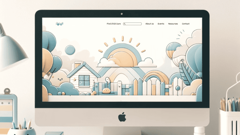 A workspace with a Macbook displaying a nonprofit website focused on child care.