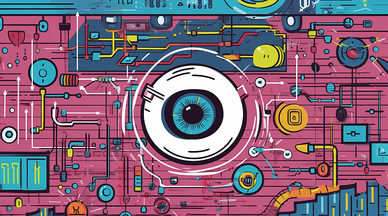 A colorful illustration of a fake eye inside of a computer motherboard.