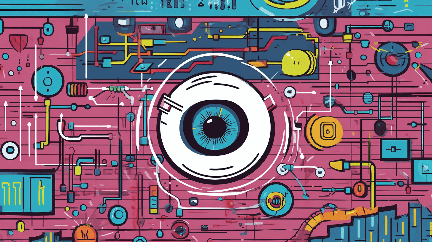A colorful illustration of a fake eye inside of a computer motherboard.