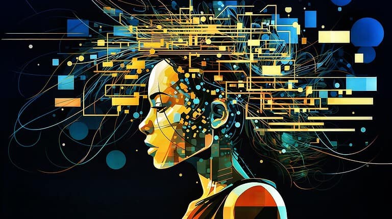 Illustration of a woman using AI technology to download her brain.