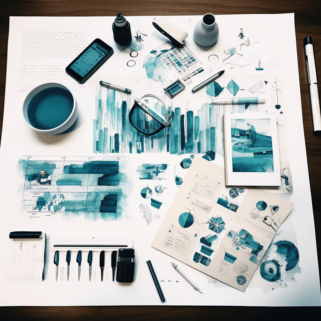An illustration of a desk with design tools. Used in our post for website redesigns.