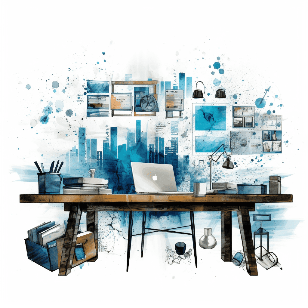 Illustration of a clean desk with a MacBook and an office wall cluttered with many ideas.