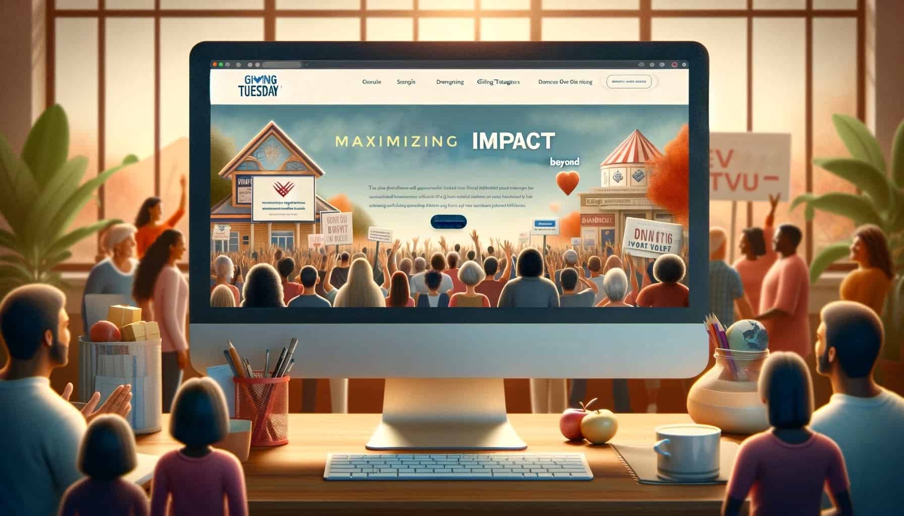 Illustration of people looking at a website that says "Maximizing Impact" for Giving Tuesday.