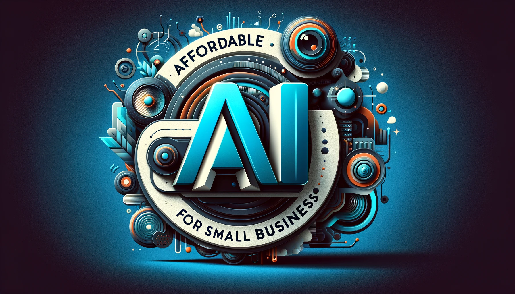 Affordable AI for Small Business abstract illustration with text.