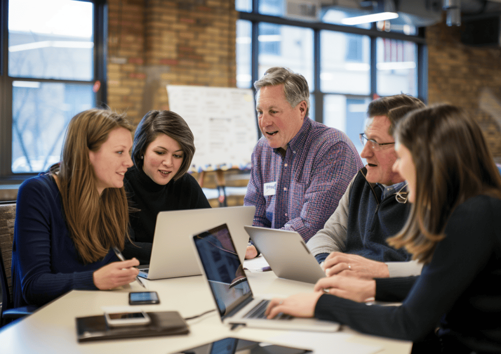 A group of people in front of laptops representing training nonprofit volunteers on your social media presence.