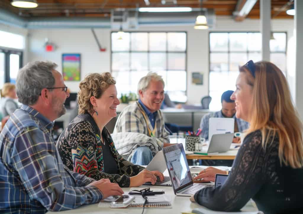 A group of people in front of laptops using WordPress representing the ability to enhance your nonprofit social media presence with your website.