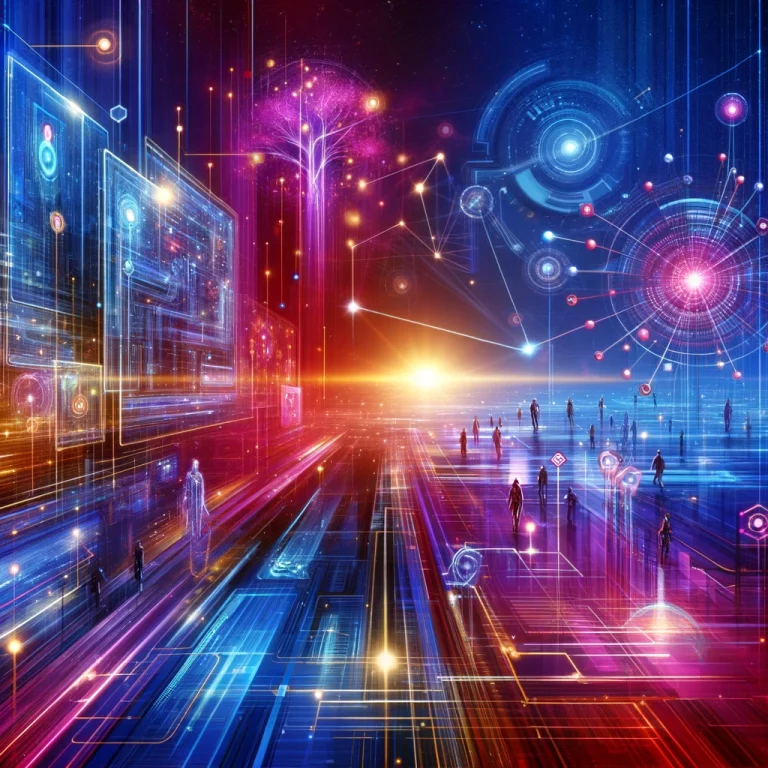 DALL·E image representing digital transformation with bright colors depicting a digital ecosystem.