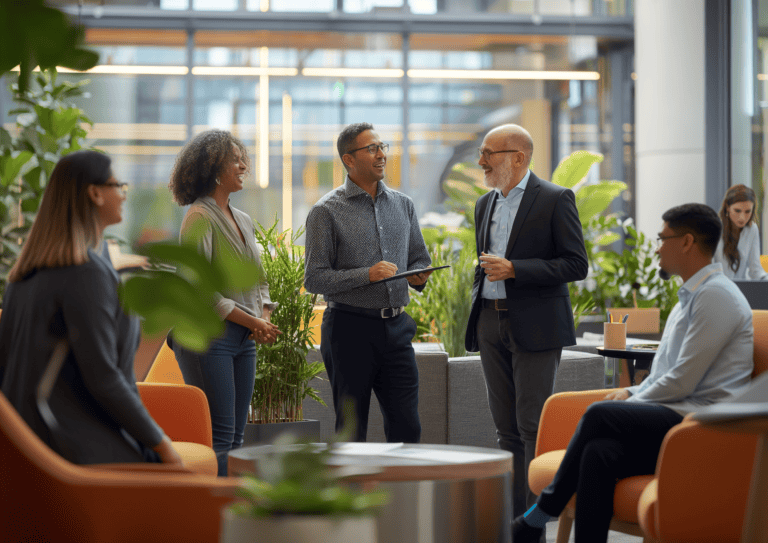A diverse team grouped in a corporate office conversing on corporate social impact.