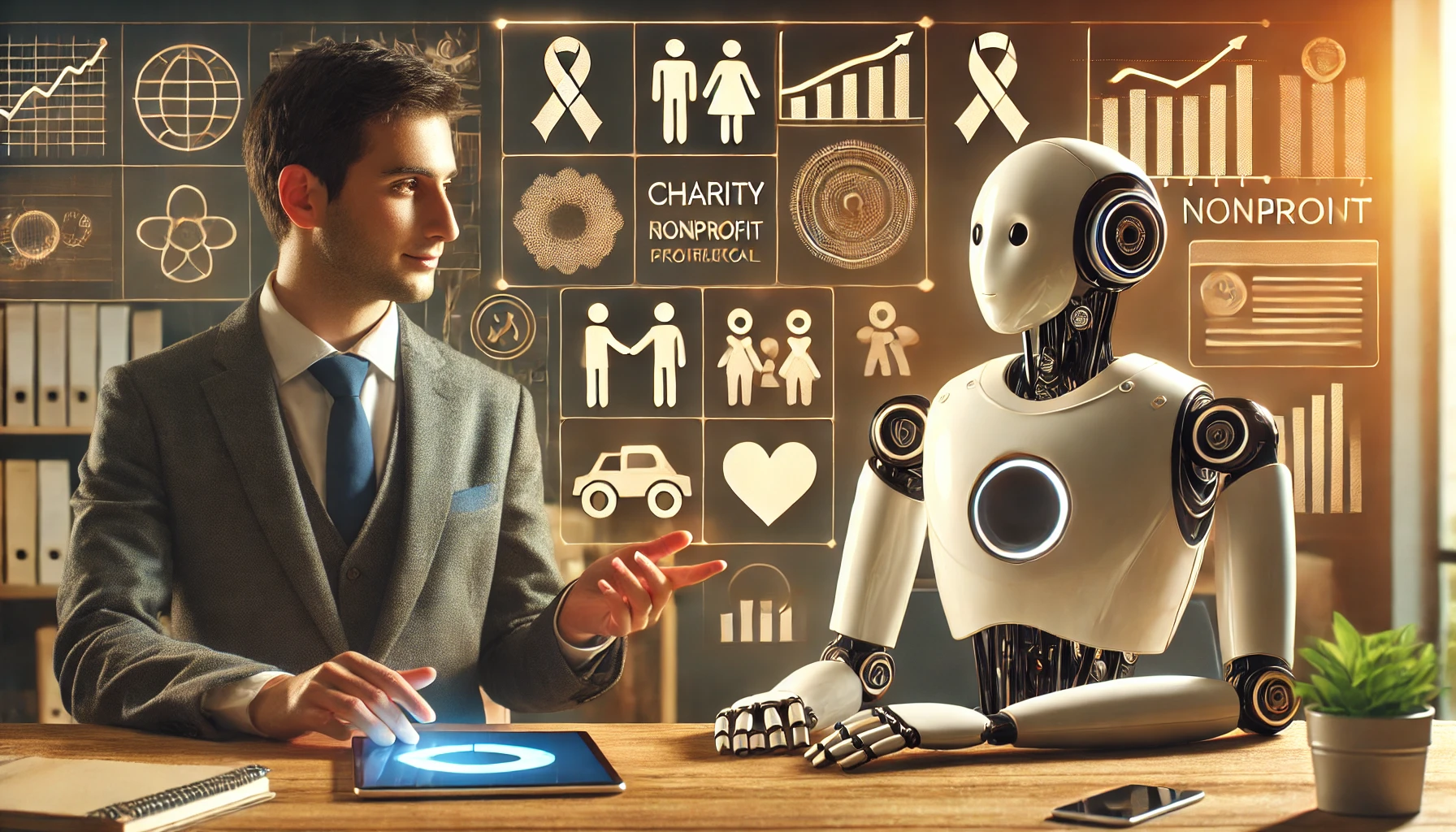 DALL·E - A sleek modern robot with a warm approachable design interacting with a nonprofit professional A sleek modern robot, serving an ai marketing advisor, with a warm approachable design interacting with a nonprofit marketing professional.
