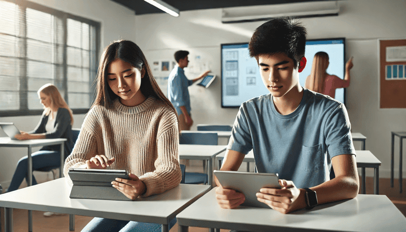 Two teens, one Asian female and one Hispanic male, sitting at classroom desks using tablets with digital programs.