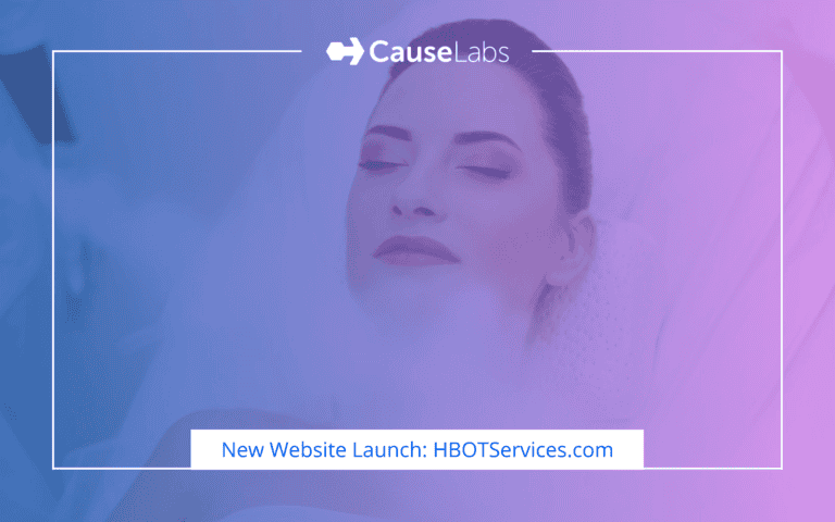 HBOT Services website launch graphic featuring a woman being misted with oxygen.