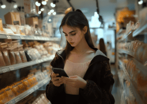 An image of a young woman in her twenties shopping and looking at her mobile phone, showing a digital-first consumer experience.