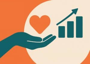 An abstract illustration of a hand with a heart and a growth chart next to it representing a social enterprise business entity.